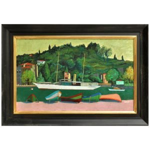 Agop Arad (1913-1990) - Türk Ermeni Ressam - Duralit Üzerine Yağlıboya - "Tarabya Koyu" - İmzalı (sağ alt) - 'arad' - 50.00 x 80.00 cm