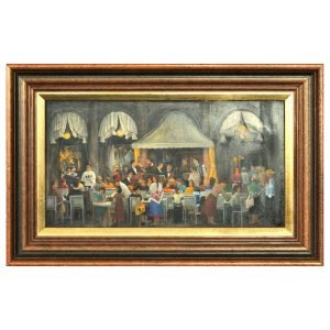 Ümit Çamaş (-) Türk Kadın Ressam - Tuval Üzeri Yağlıboya Tablo - "Venedik San Marco'da Yemek" - İmzalı ve Tarihli 'Ümit Çamaş' 30.00 x 55.00 cm